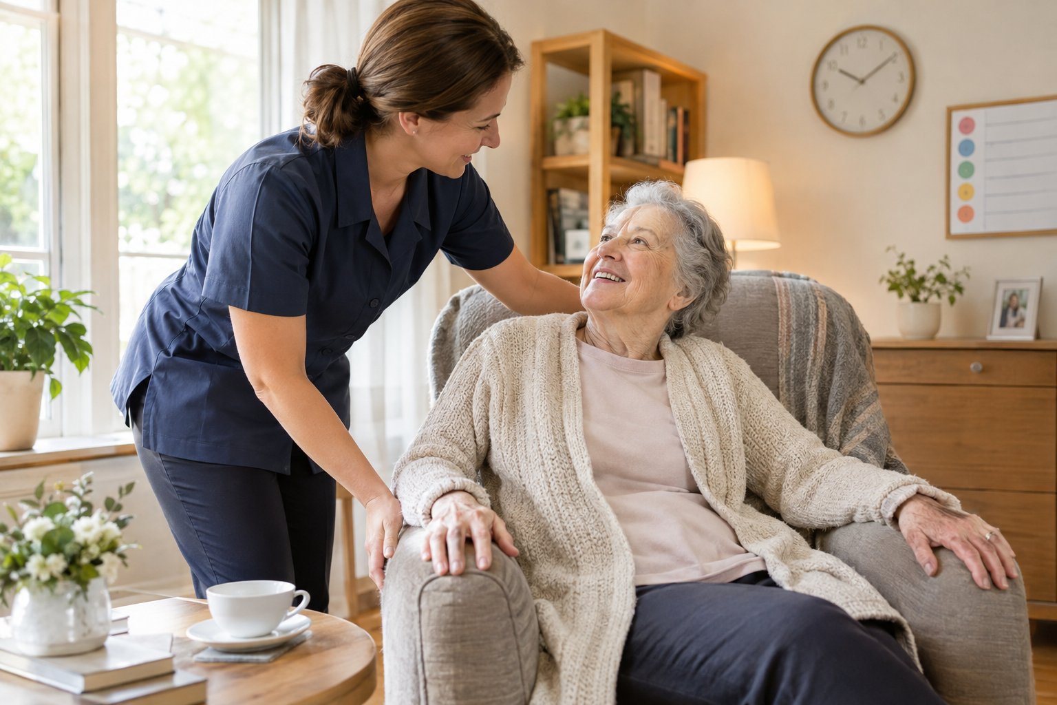 Eine Pflegekraft unterstützt eine ältere Person in deren Wohnzimmer.