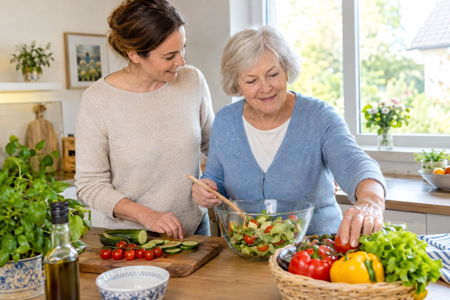 Eine Betreuungskraft unterstützt eine ältere Frau beim Zubereiten einer Mahlzeit.