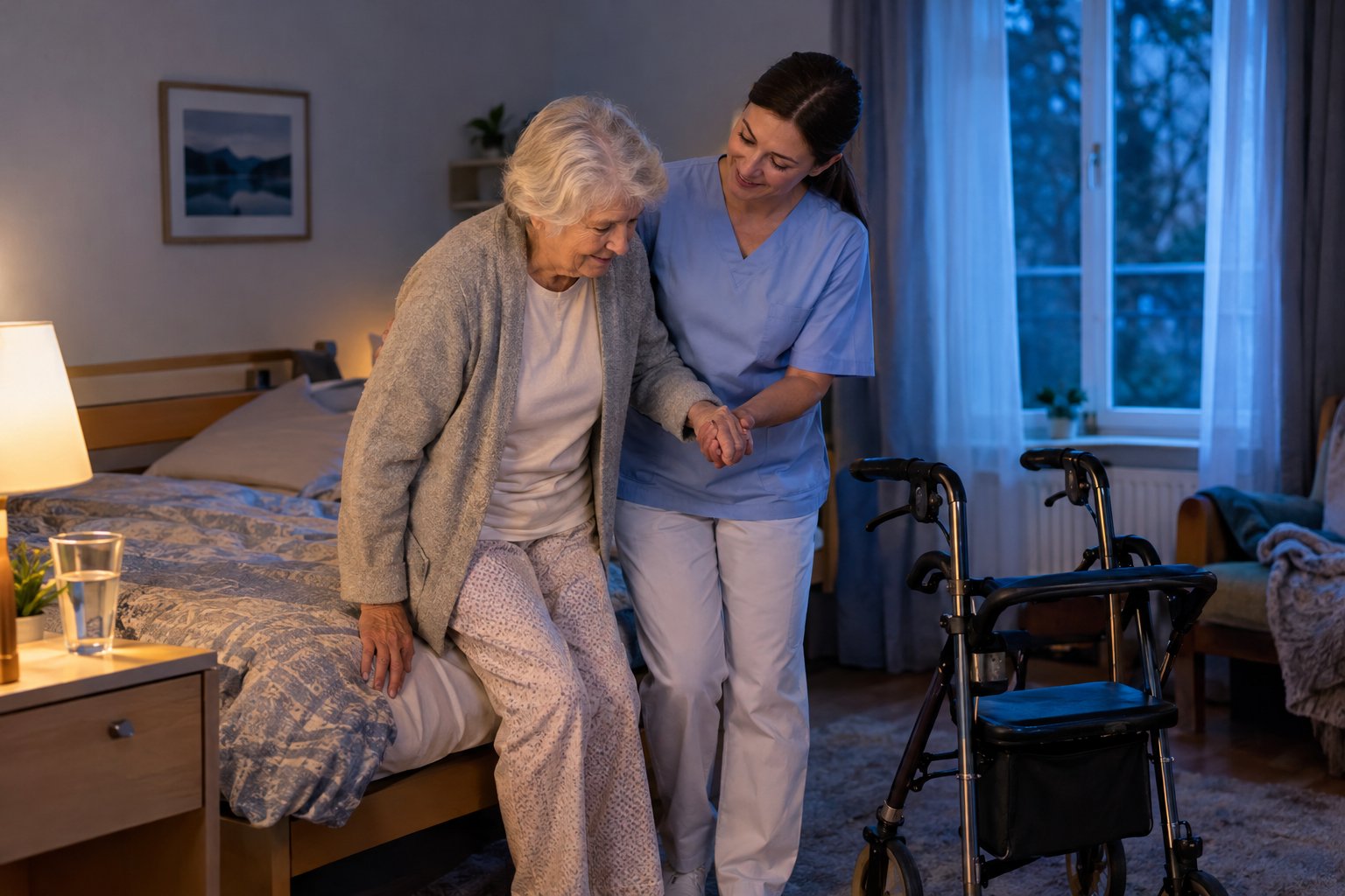 Eine Pflegekraft begleitet eine ältere Frau nachts beim Aufstehen aus dem Bett.