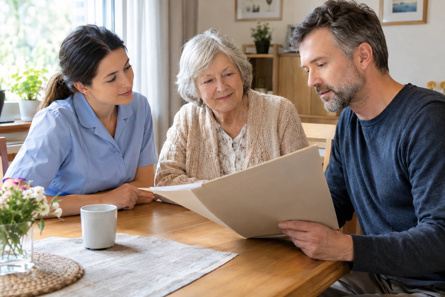 Eine Betreuungskraft, eine ältere Person und ein Familienmitglied besprechen Unterlagen am Esstisch.