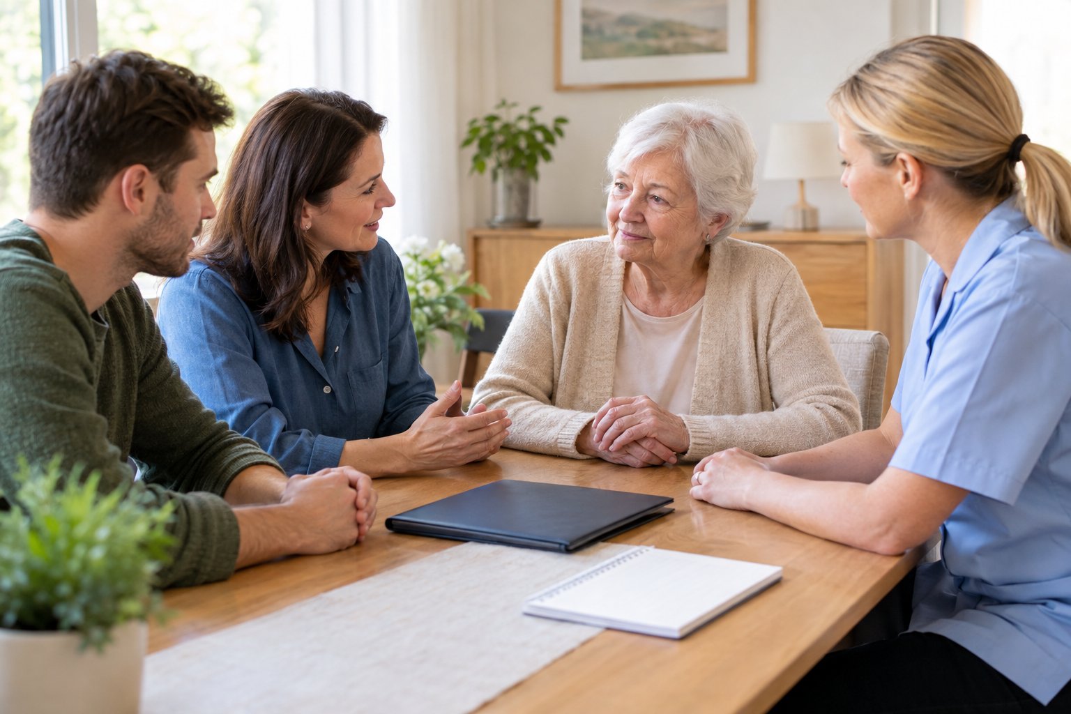 Eine Familie bespricht mit einer älteren Frau und einer Betreuungskraft die Pflege zu Hause.