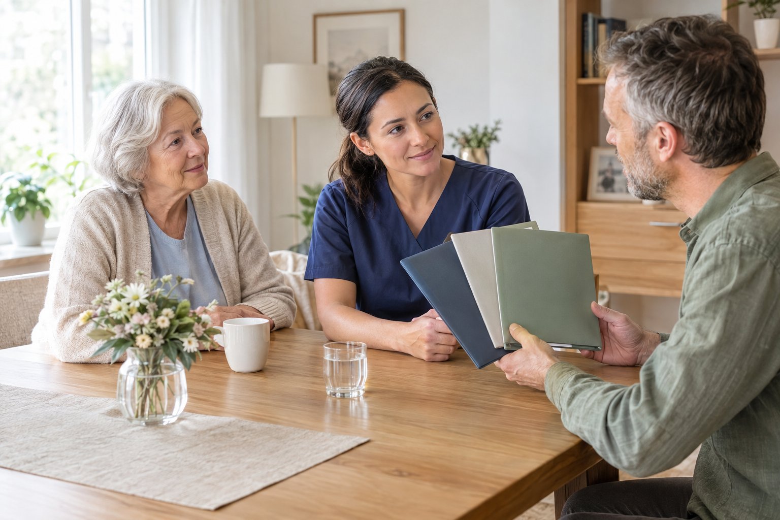 Eine ältere Person und ein Familienmitglied besprechen mit einer Pflegekraft verschiedene Anstellungsmodelle.