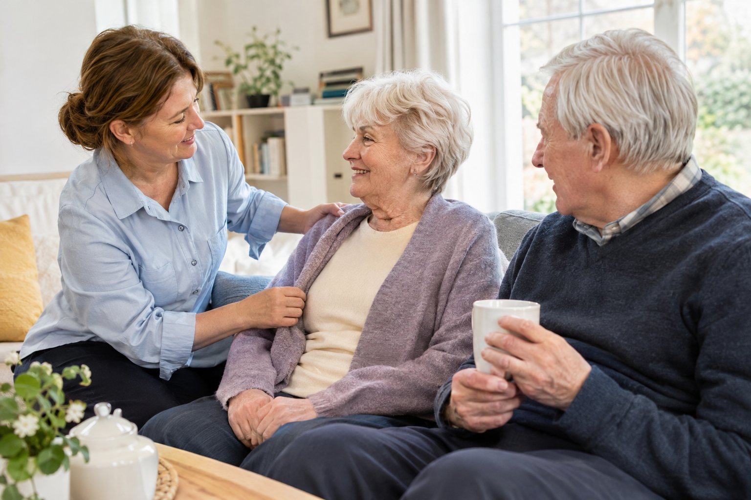 Eine Betreuungskraft unterstützt ein älteres Paar gemeinsam in dessen Wohnzimmer.